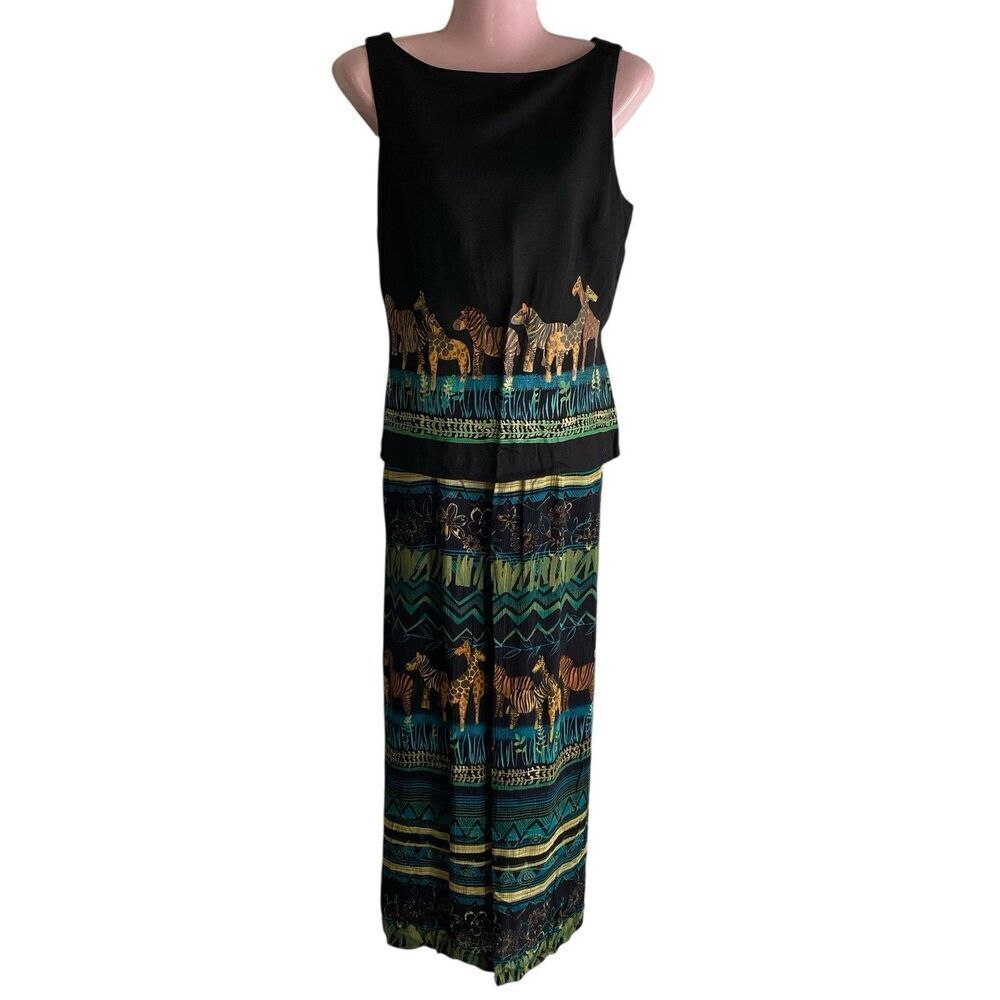 Vtg 90s Sheri Martin Petite Dress Size 10 Black Safari Jungle Zebras Giraffes